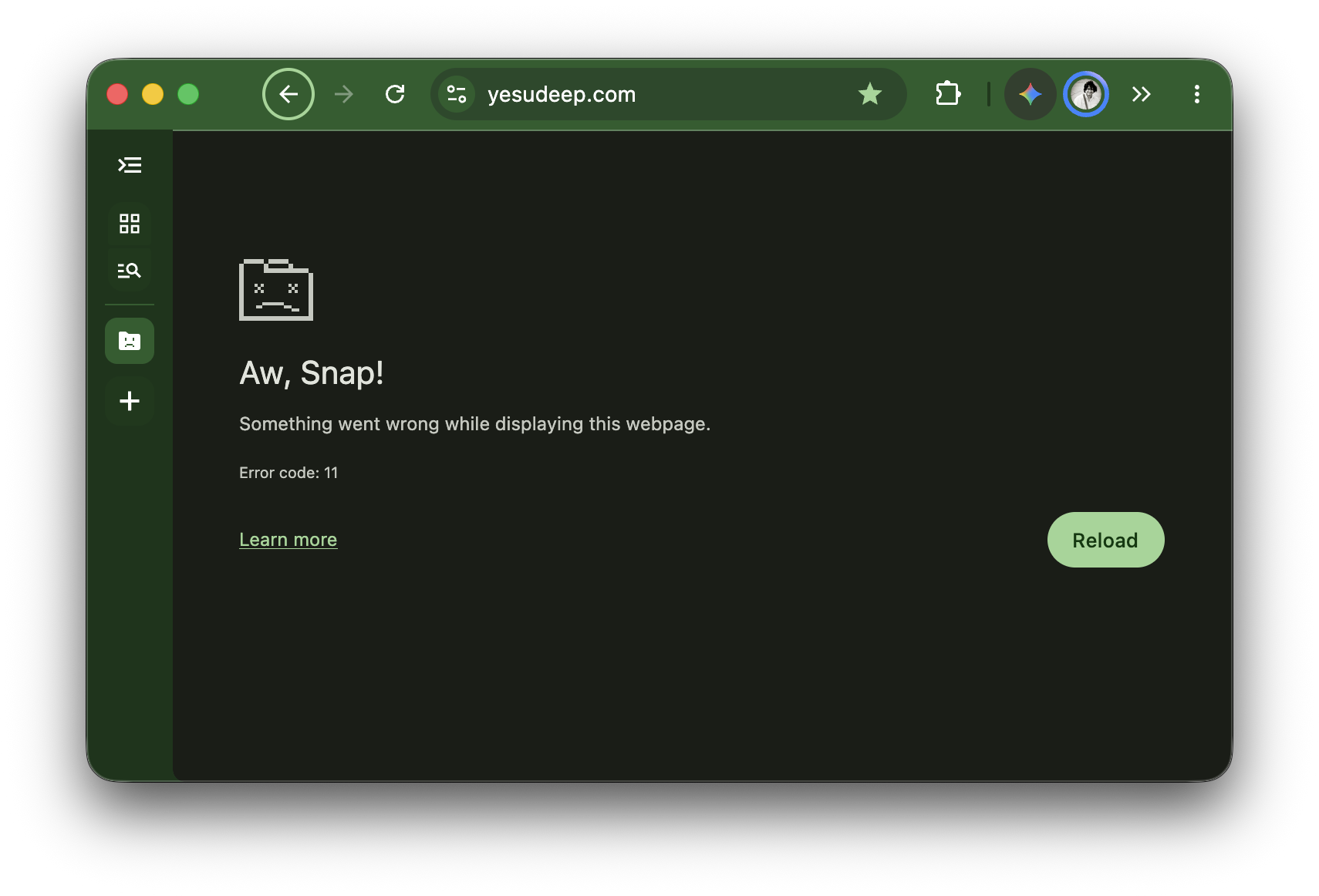 One keystroke, one renderer crash. Chrome Canary replaced the page with its “Aw, Snap!” screen after / tried to open the command window. The same action worked in Stable 151 and Beta 152.