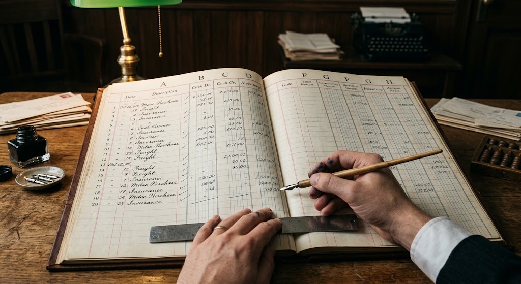 A hand-ruled paper ledger opened flat, its grid running unbroken across both pages, with lettered column headings along the top and numbered rows down the left margin.